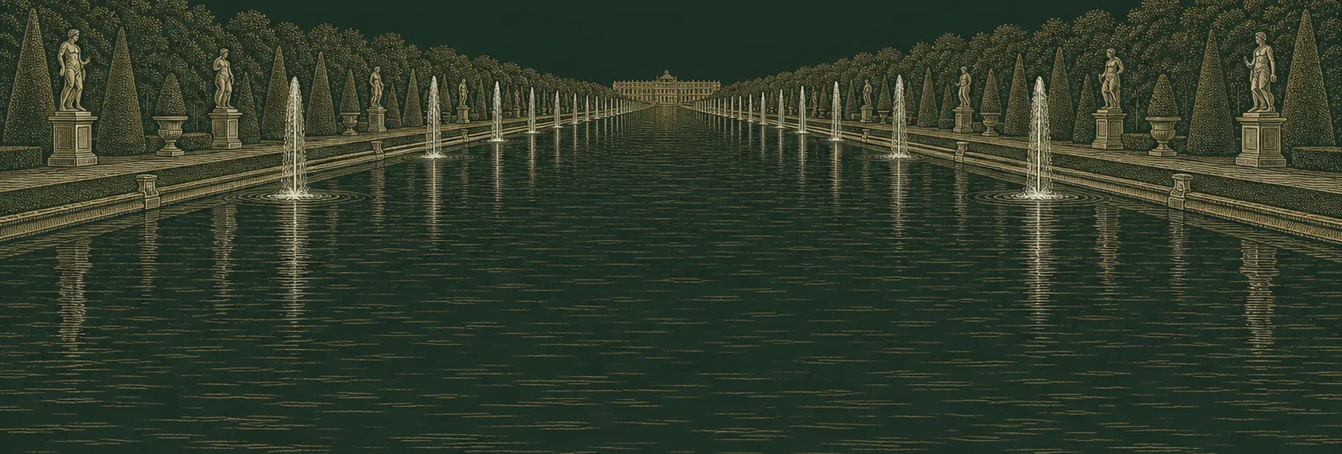An engraved view down a formal canal, fountains playing along both banks toward the horizon.