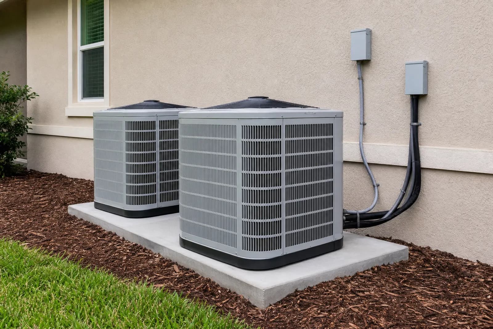 Two outdoor air conditioning units on a concrete pad beside a house.
