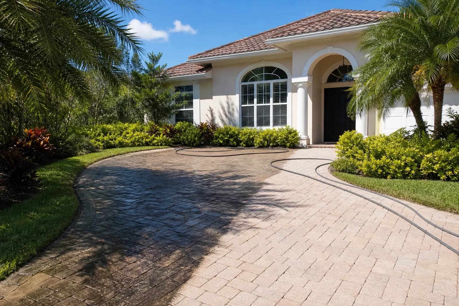 A paver driveway half cleaned, with the washed section noticeably brighter.